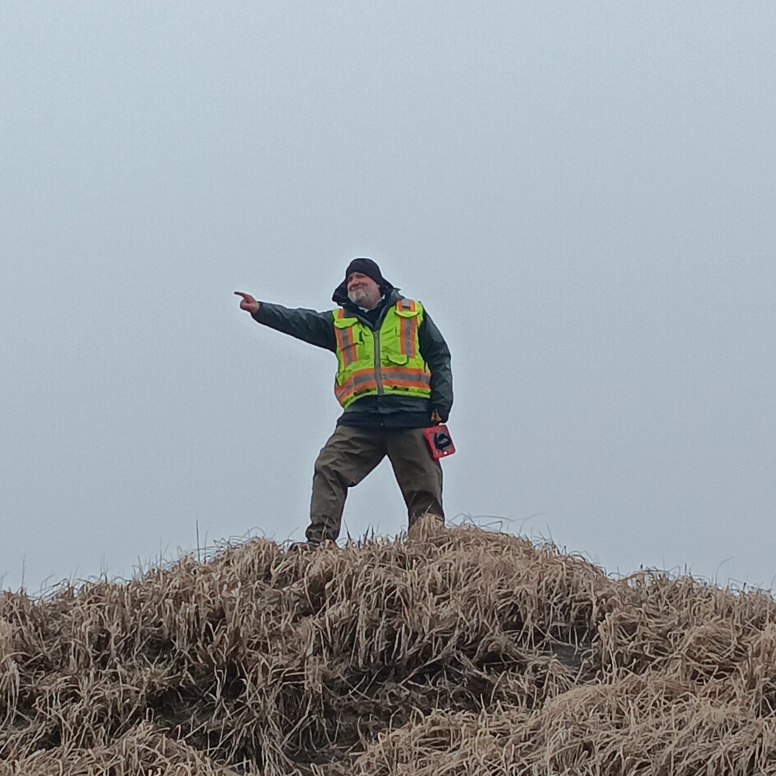 Chris stands silhouetted on top of a grassy hill against a grey overcast sky. He points at something out of frame.