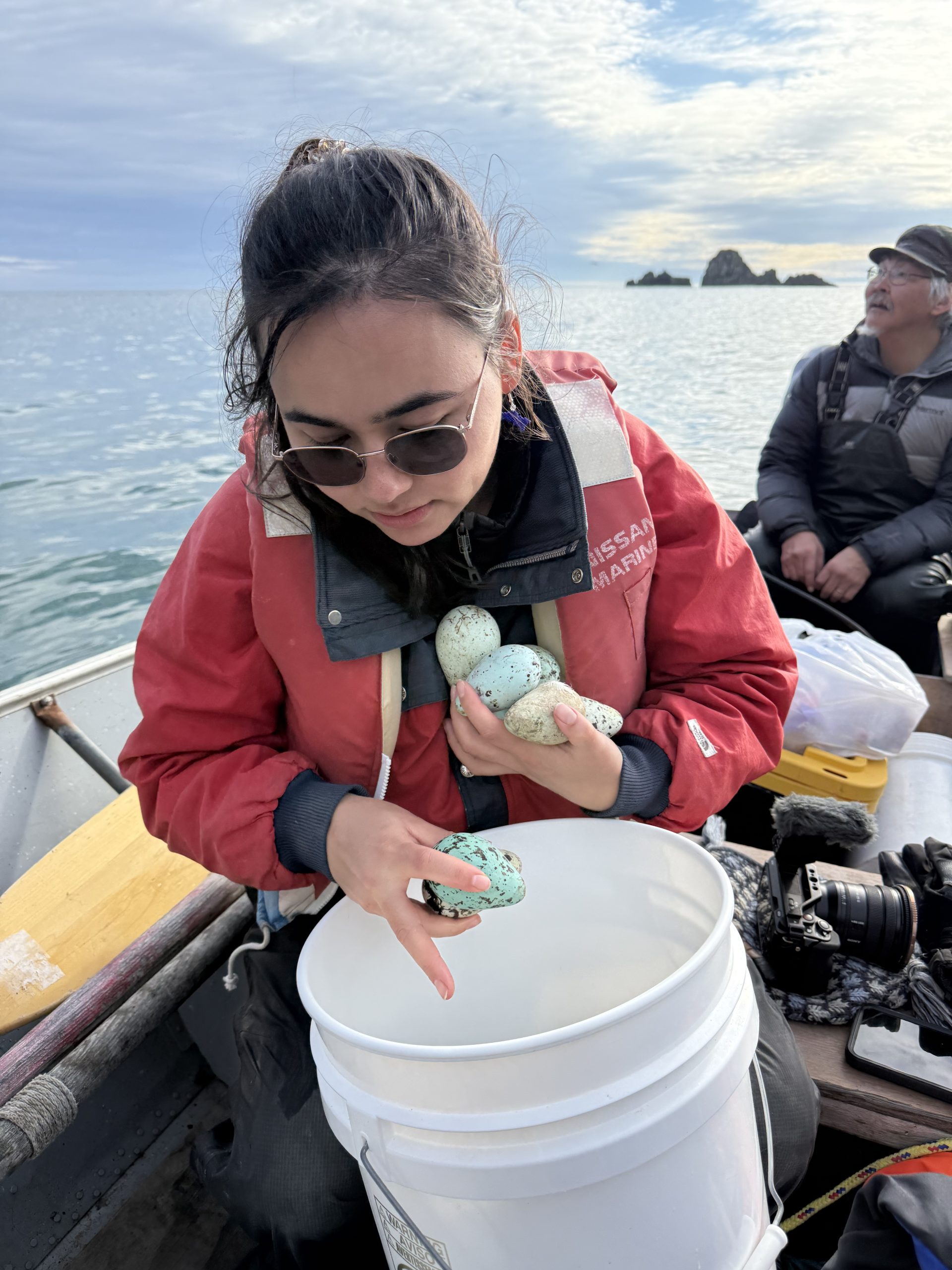 Two people are sitting in a boat. One of them is leaning over a white bucket holding a clutch of blue, speckled eggs. The water outside the boat is calm. There are a couple of boulders visible in the horizon. The sky is overcast.