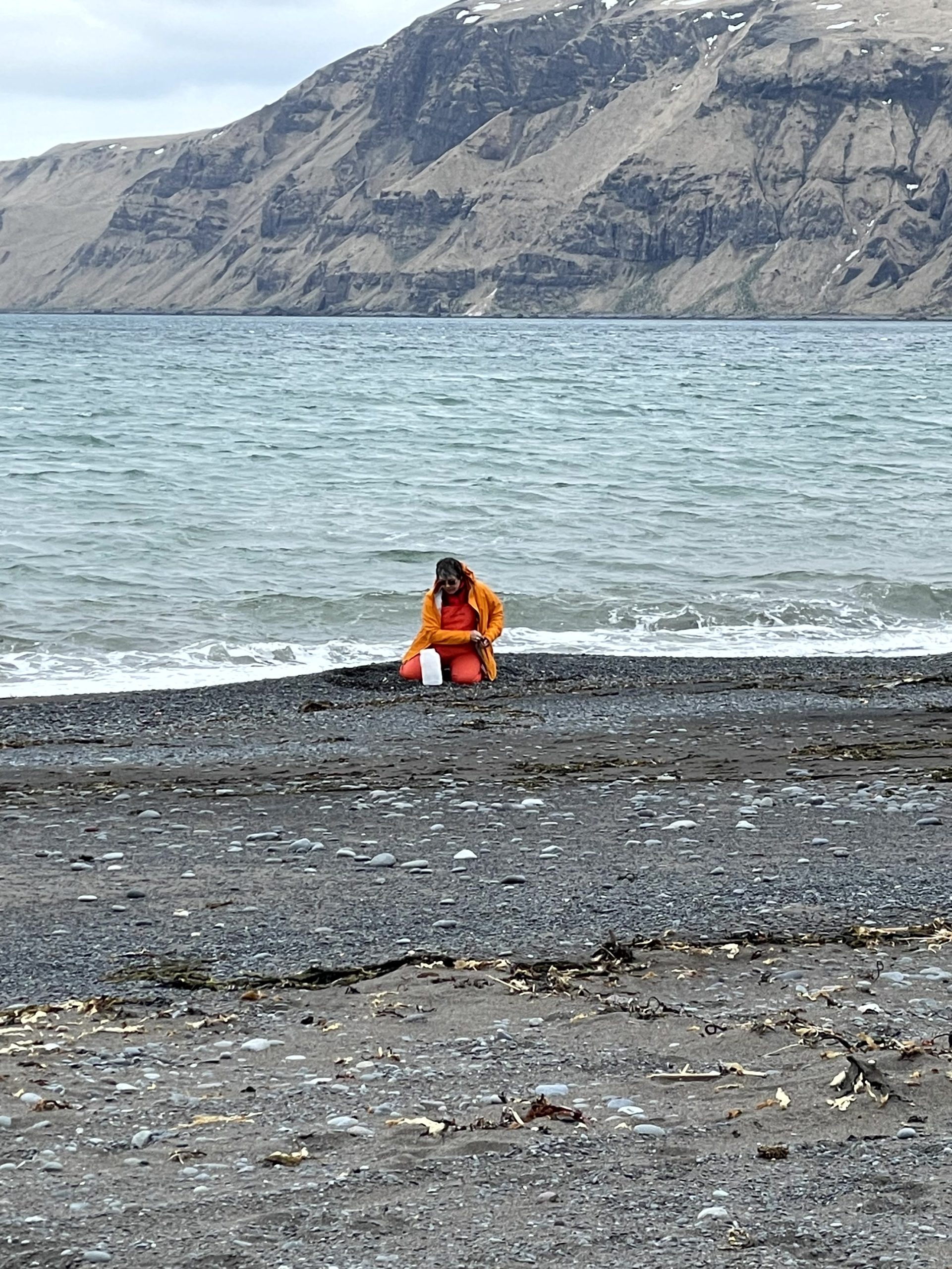 Piama in a bright orange outfit kneels on a rocky beach with a small, white container in front of them. The ocean is breaking right behind her and the water is calm. The bottom part of a mountain can be seen in the background. The sky is overcast.