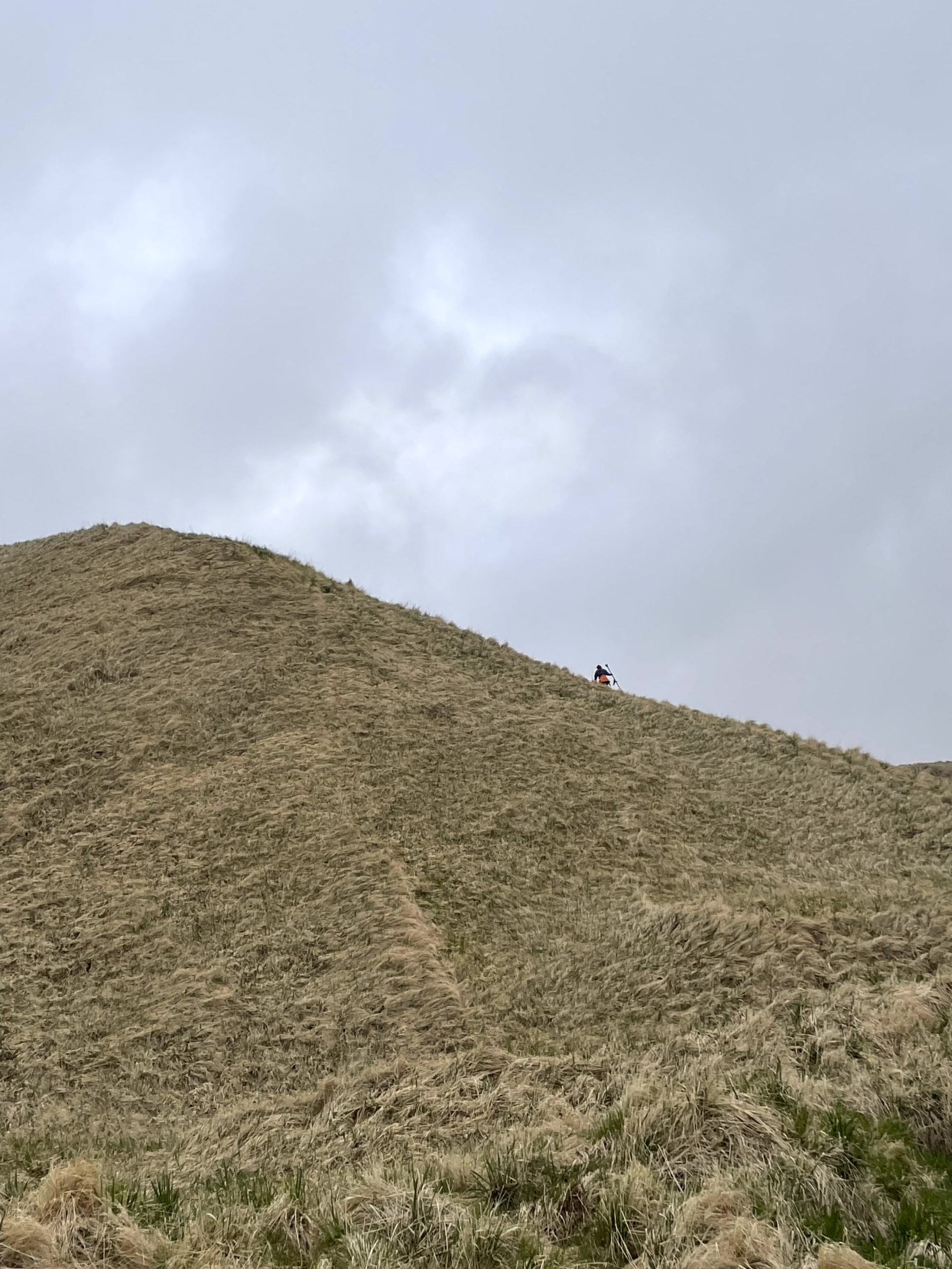 A tall grassy hill with a person positioned halfway up, they appear very small in this photo because they are very high up. The sky is overcast.