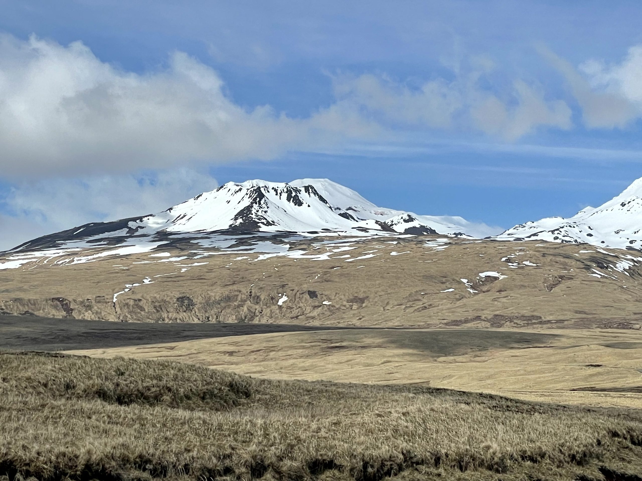 A landscape of rolling grassy foothills and snow-capped mountains. The sky is partially cloudy and blue.