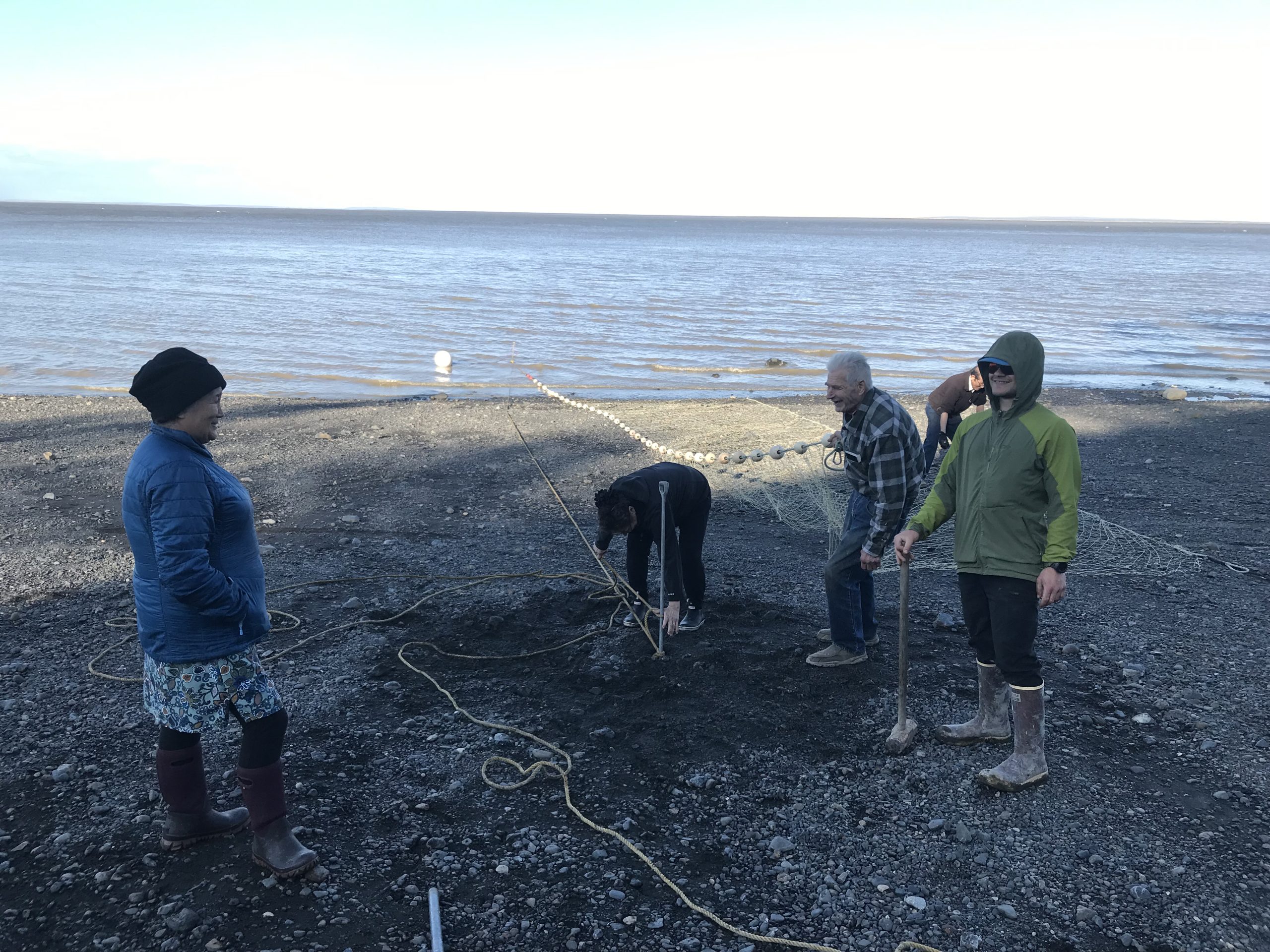 Five people stand around a rocky beach. A fishing net is being spread out and extending into the water. Someone is holding a sledge hammer. Someone else is tying down a rope. The water appears calm and the sky is bright and overcast. 