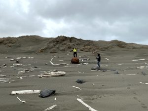 Two people stand on a sandy beach with driftwood and large rocks strewn about. One person is holding the Trimble instrument, the other person is standing on a rusty spherical object. There are some small hills behind them with some dried grass. The sky is overcast.