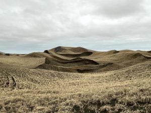 Rolling hills with some soft cliff sides creaing a winding look to the formation. The hills are covered in dried grass. The sky is overcast.